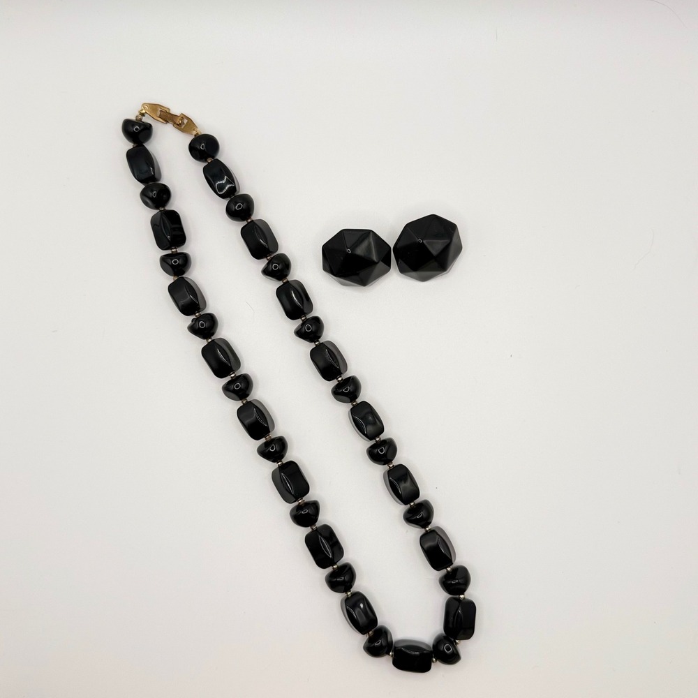 Vintage‎ Black Lucite Beaded Necklace and Geometric Faceted Stud Earrings Set